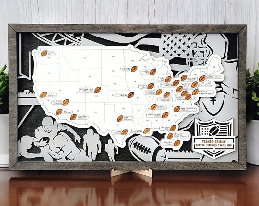 Custom Football Stadium Travel Map: 3D Layered Wood Wall Art